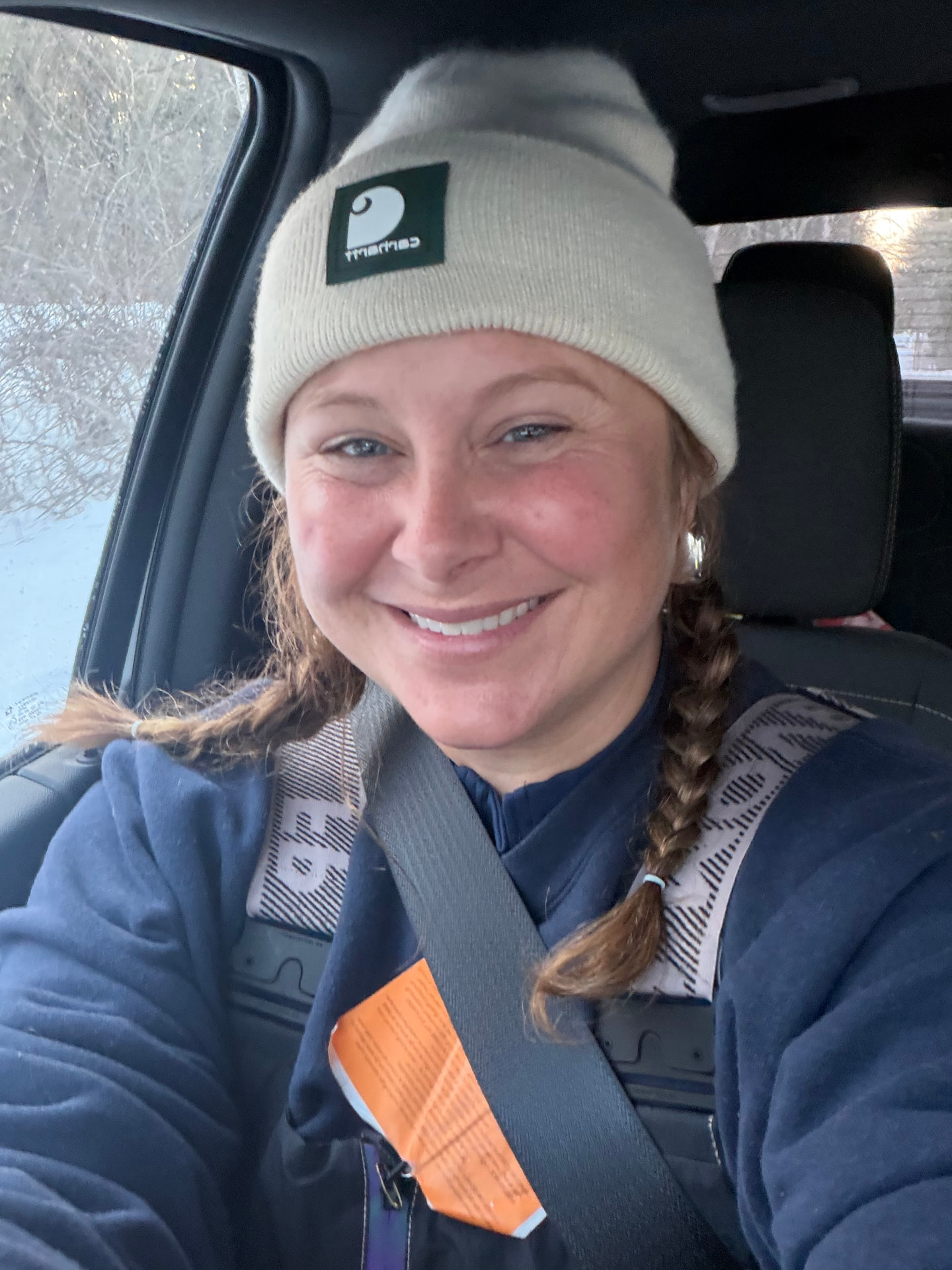 Erin in a Carhartt beanie during a ski trip in Minnesota