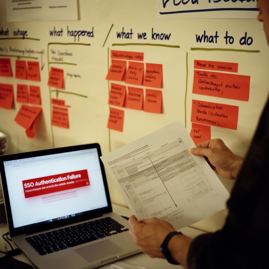 An incident war-room wall mapping what happened, what we know, and what to do.