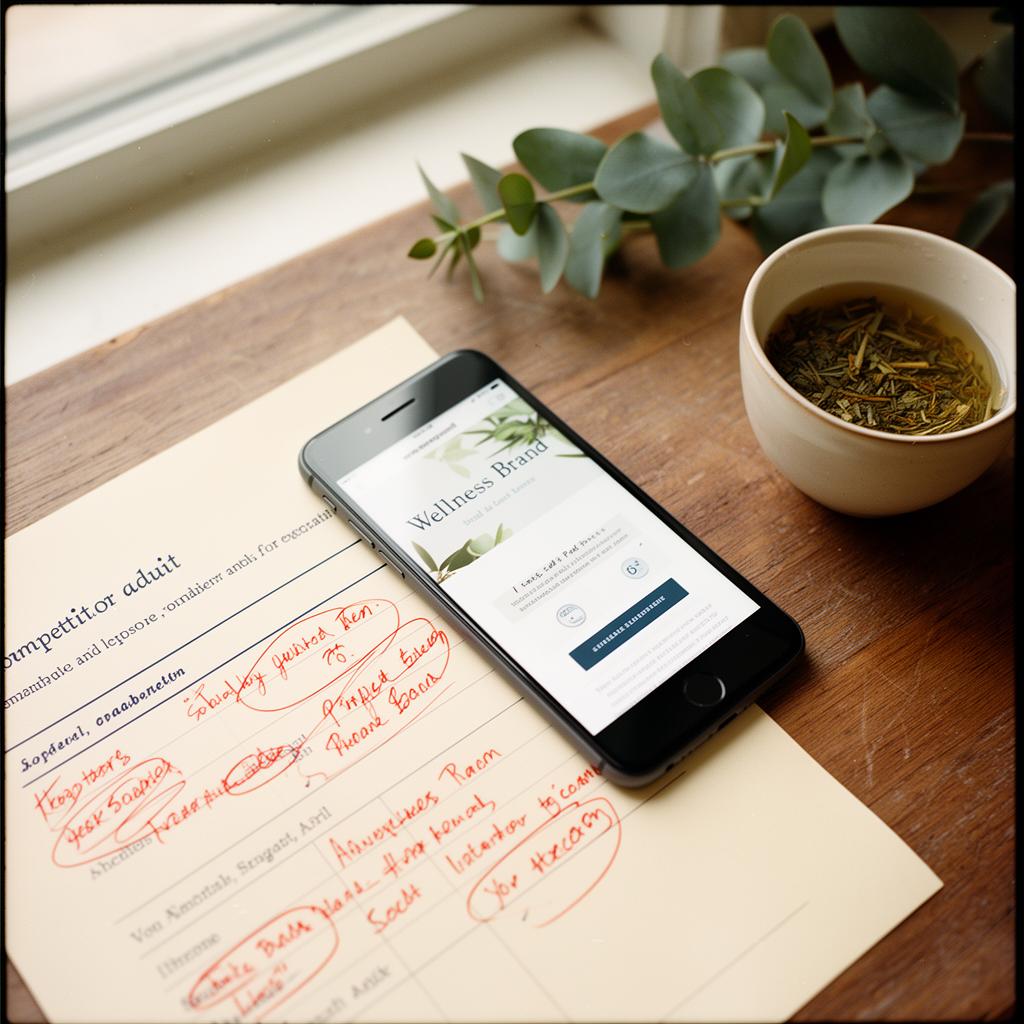 A wellness brand mobile mockup on a desk with a red-pen competitor audit.