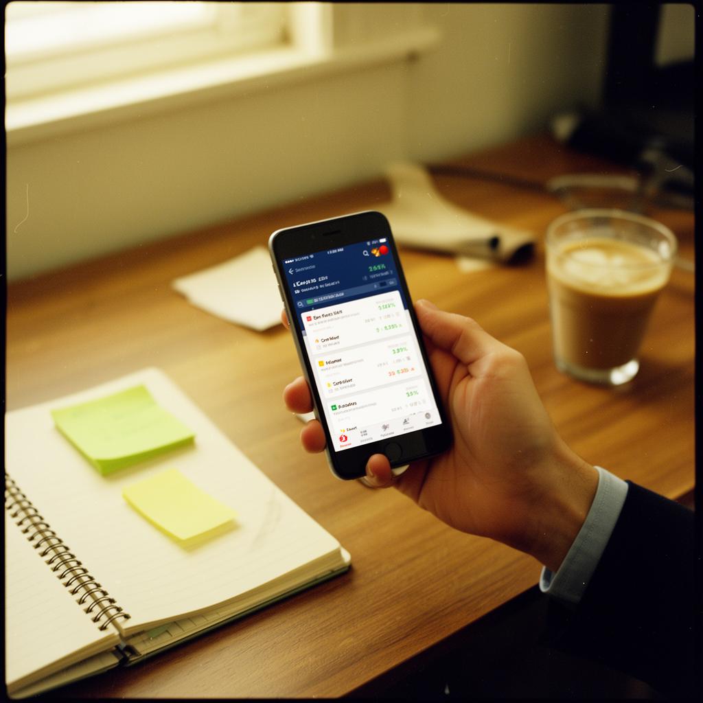 A supervisor's hand on a phone showing live agent metrics at a wooden desk.