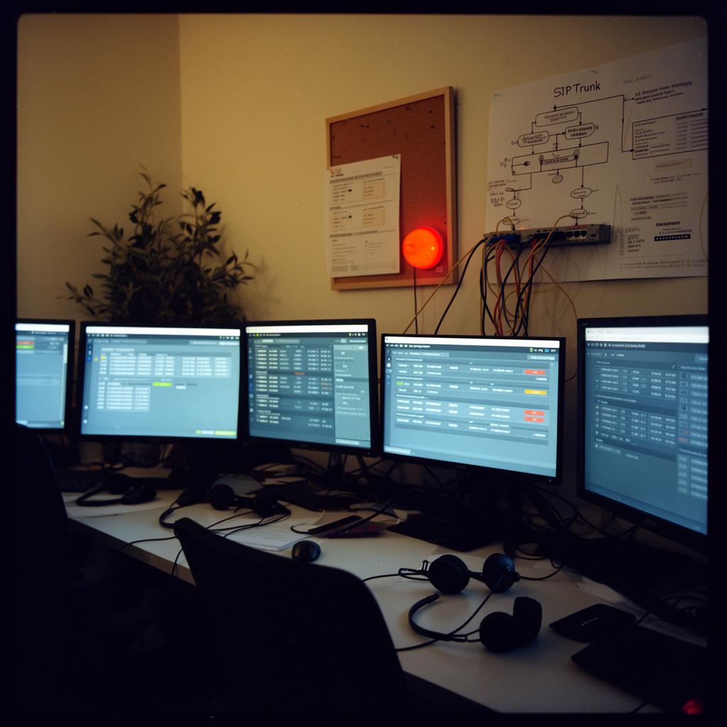 An enterprise contact-center operations room with monitors and a SIP trunk diagram.