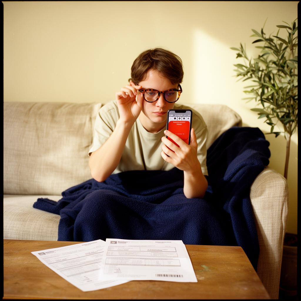 A person trying on tortoiseshell glasses at home while looking at a phone.